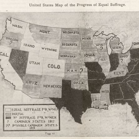 Map depicting the states where there was partial, equal, or no suffrage for Women.